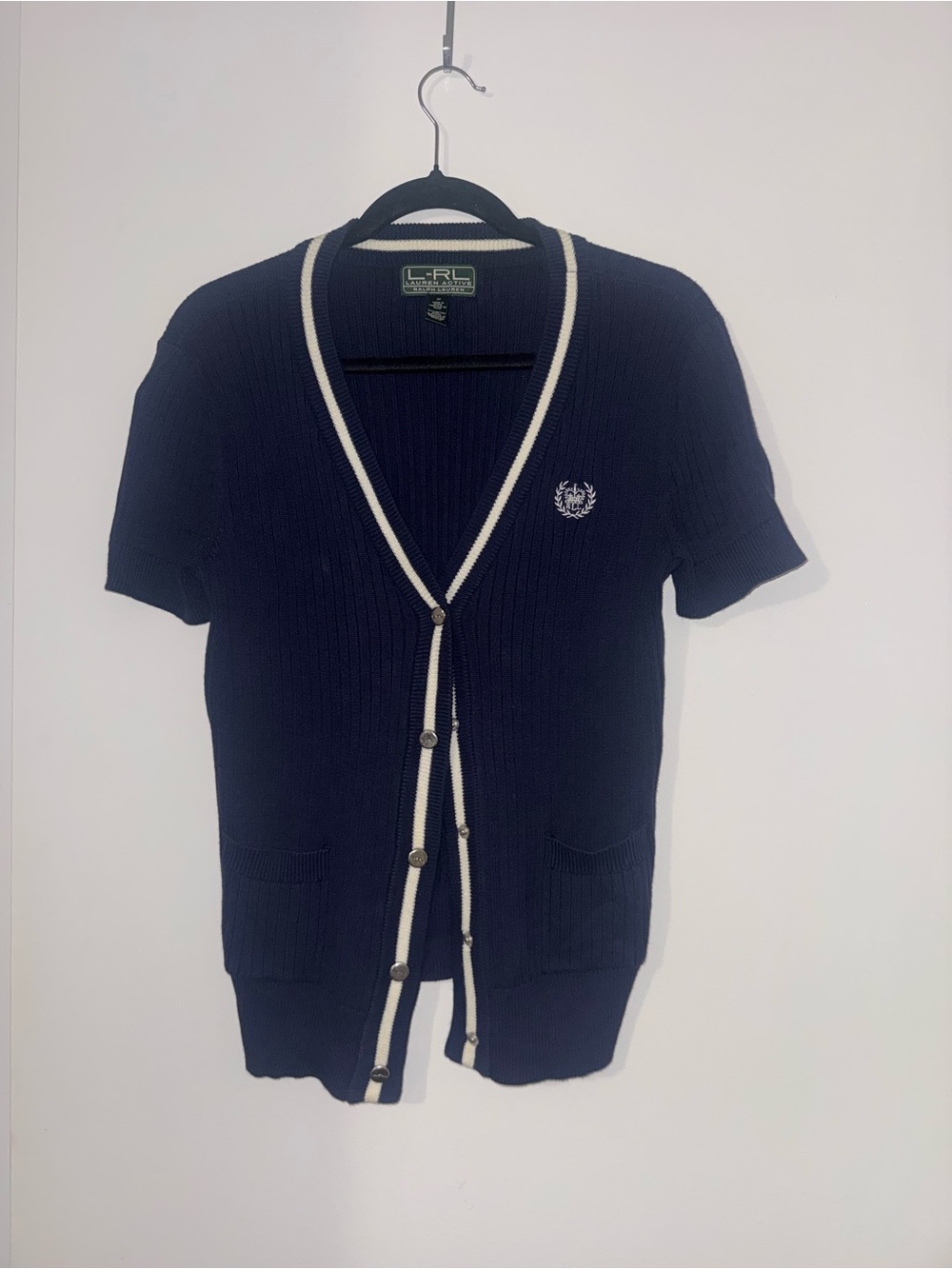 Ralph Lauren Navy Short-Sleeve Cardigan with White Trim